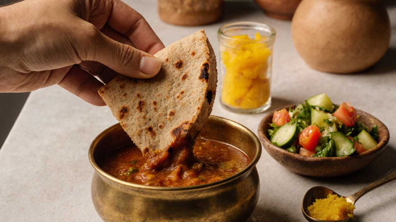 Hand tearing roti to scoop dal, with salad and pickle on the side.