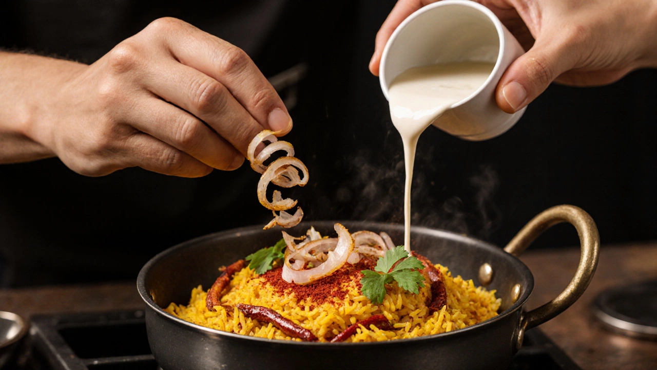 Hands layering fried onions and saffron milk over golden rice in a traditional biryani preparation.