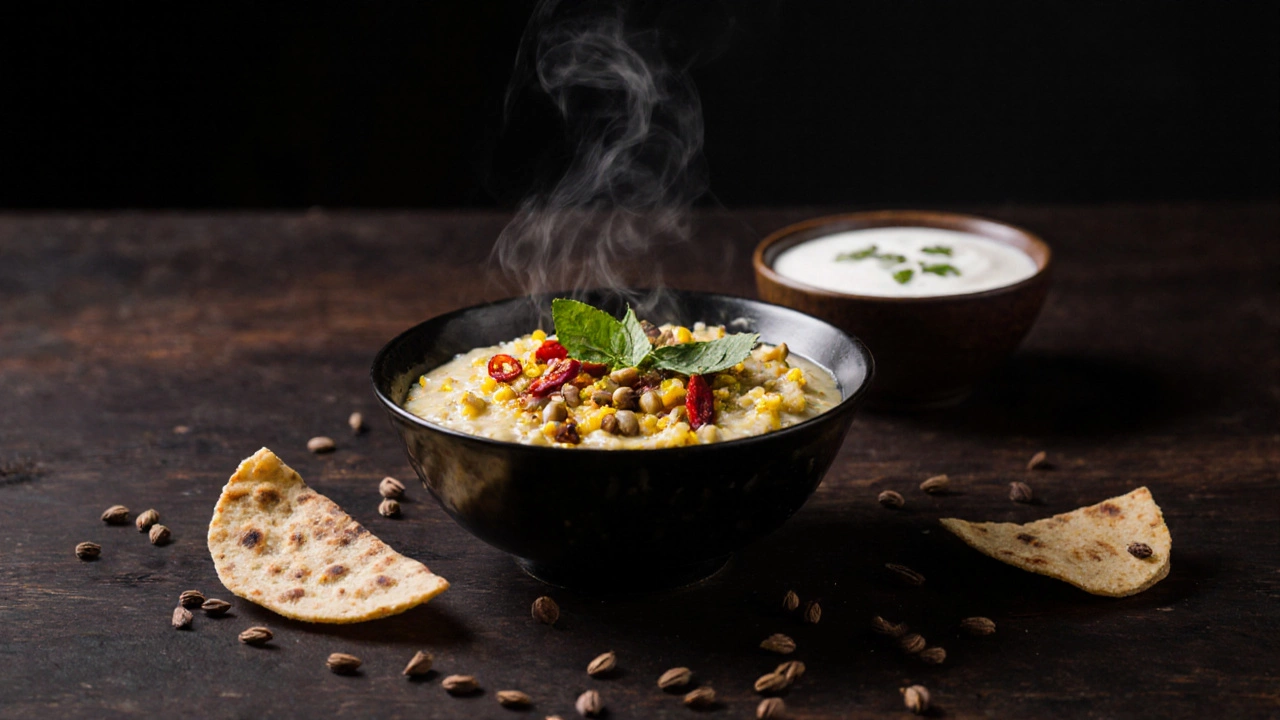 Khichdi topped with sizzling curry leaves and ghee, beside yogurt and papad.