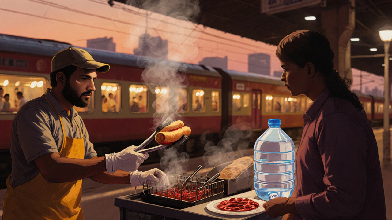 Mumbai railway vendor serving hot vada pav with clean tongs and RO water jug visible.