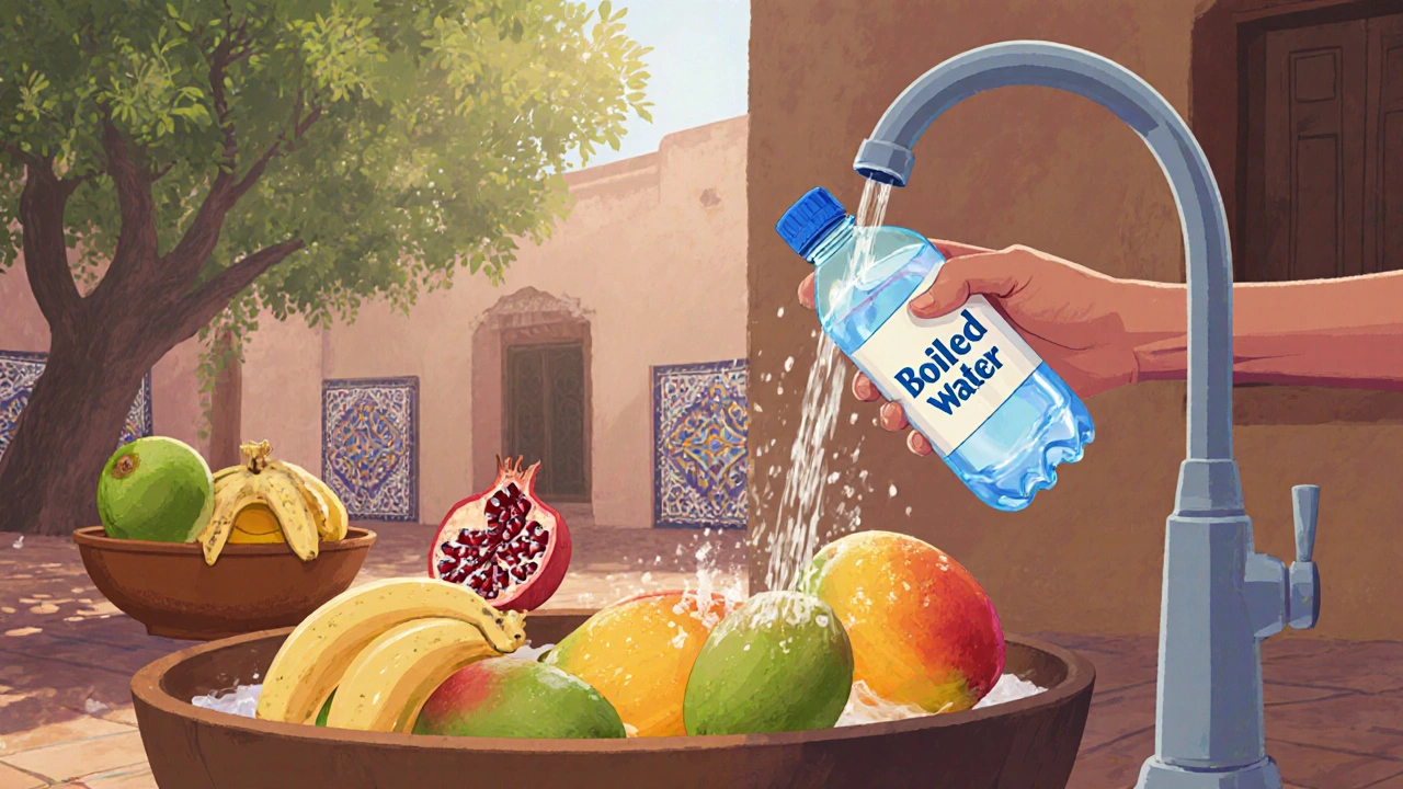 Person washing mangoes with bottled water beside peeled bananas and pomegranates