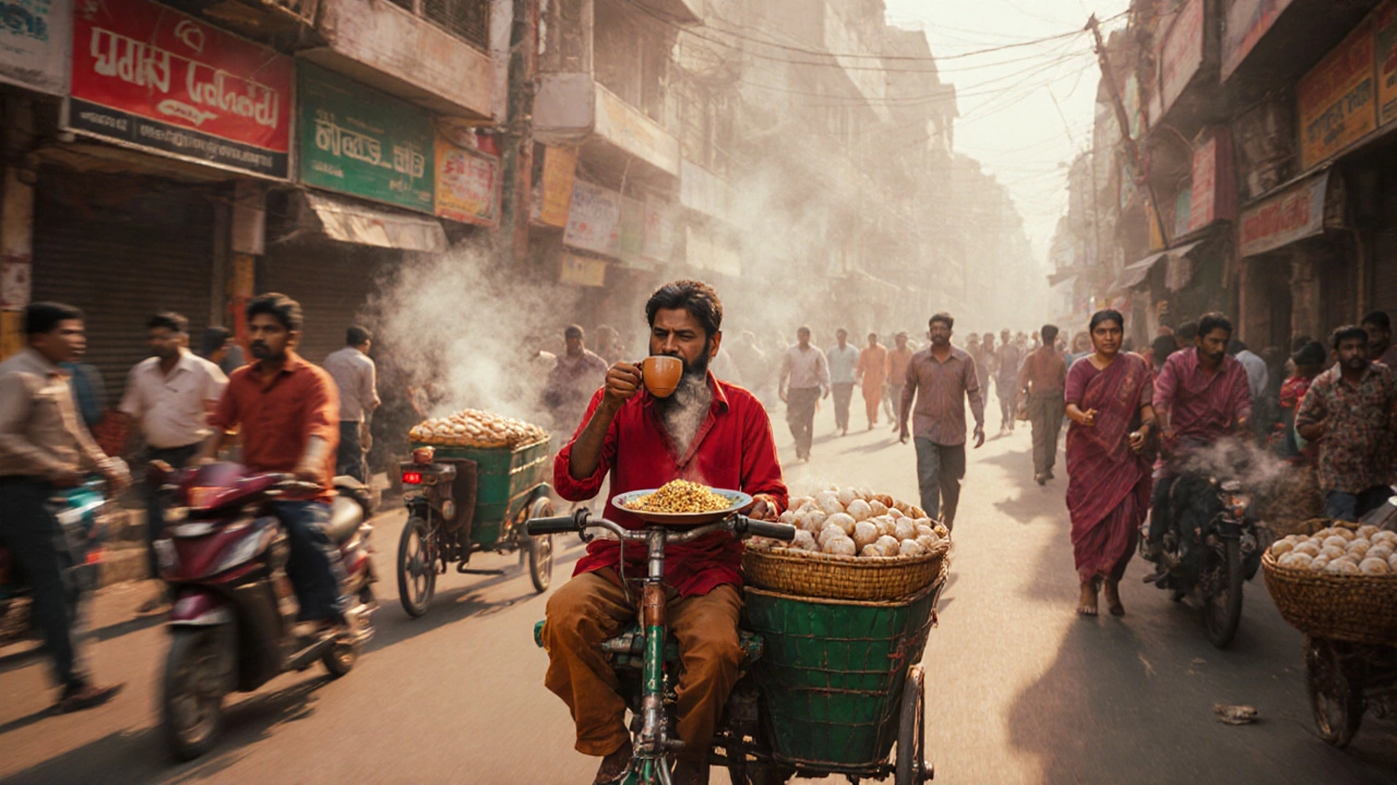 Rickshaw puller eating poha with chai on a busy Indian street at sunrise, idlis steaming nearby.