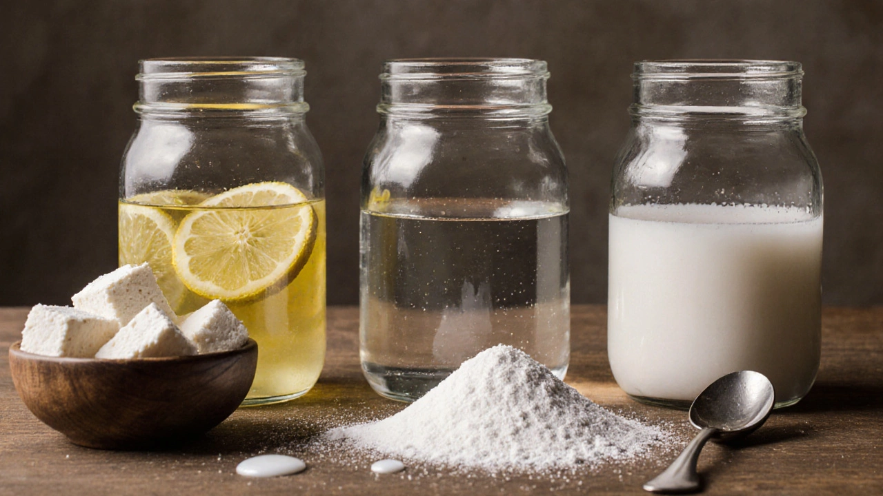 Three acids—lemon juice, vinegar, and citric acid powder—next to fresh paneer on a wooden surface.