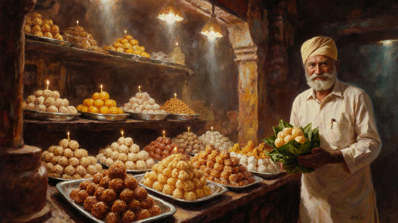 Traditional Indian sweet shop with metal trays of jalebi, gulab jamun, and barfi under soft light.