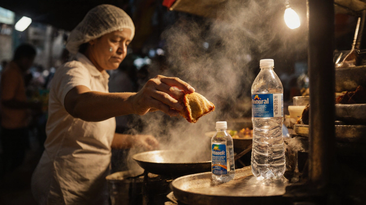 Traveler taking a crispy samosa from a stall with visible hygiene practices and bottled water.