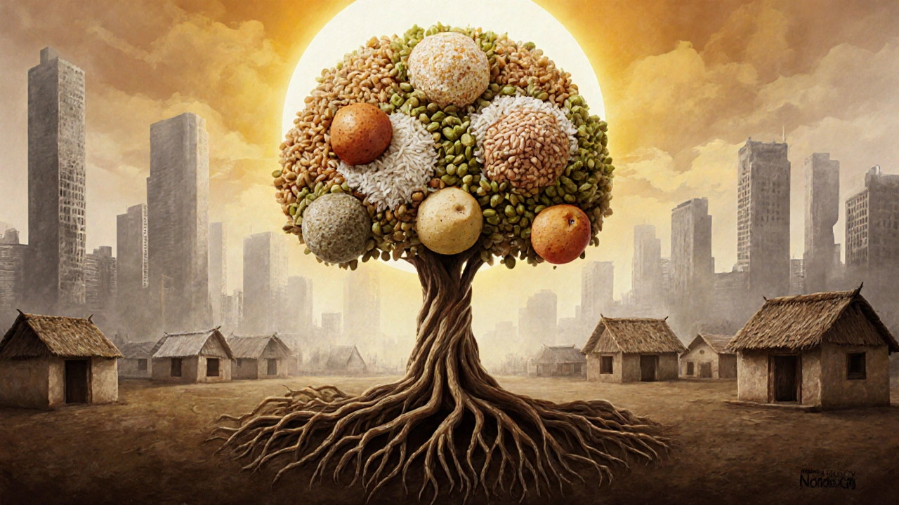 Tree with roots made of lentils and grains, bearing traditional Indian breakfast foods under a rising sun.