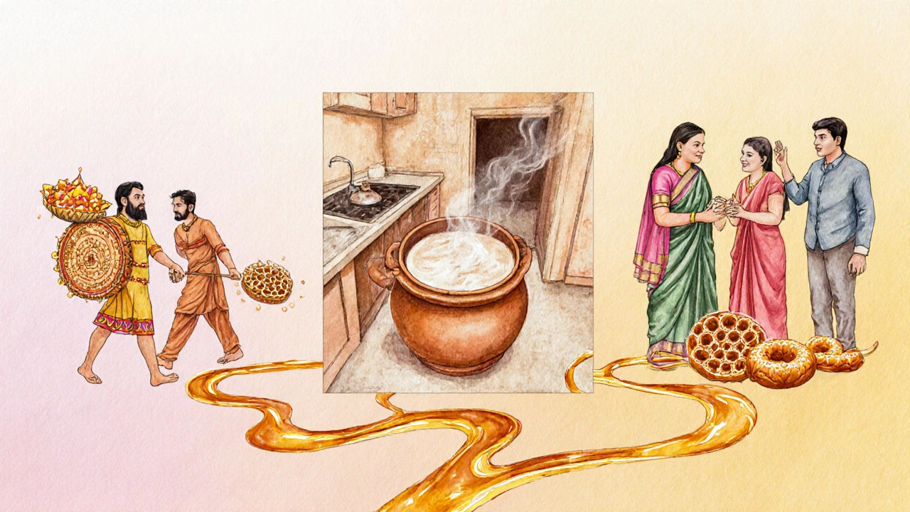 Watercolor timeline showing Persian origins, Indian adaptation, and modern celebration of jalebi.