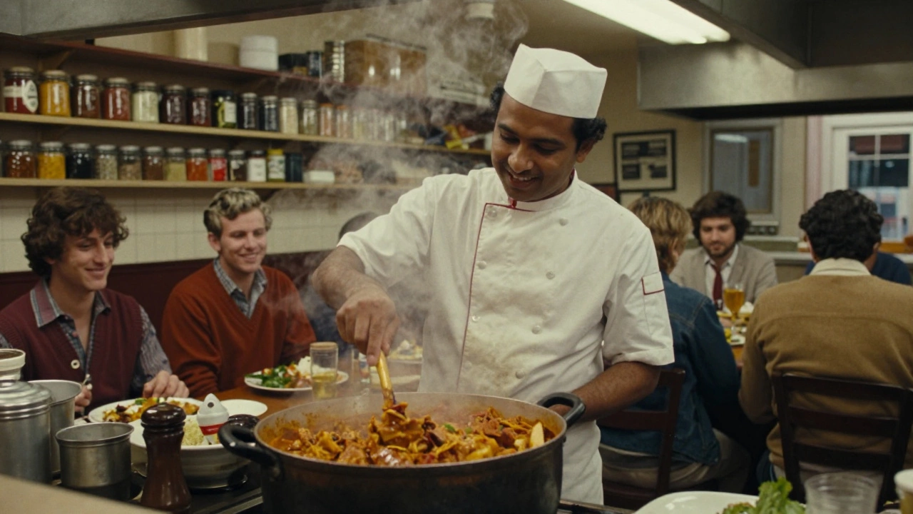A chef in a pub kitchen stirring chicken tikka masala in the 1980s.