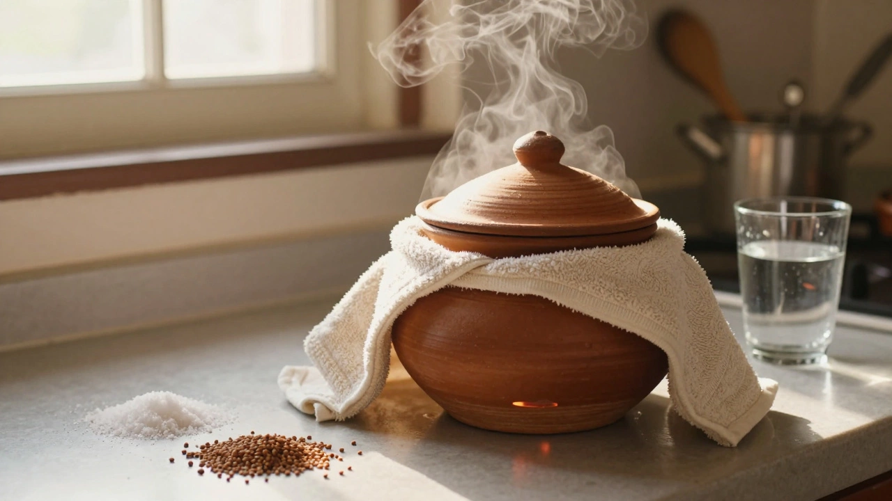 A covered pot fermenting near an oven light in a warm Indian kitchen at dawn.