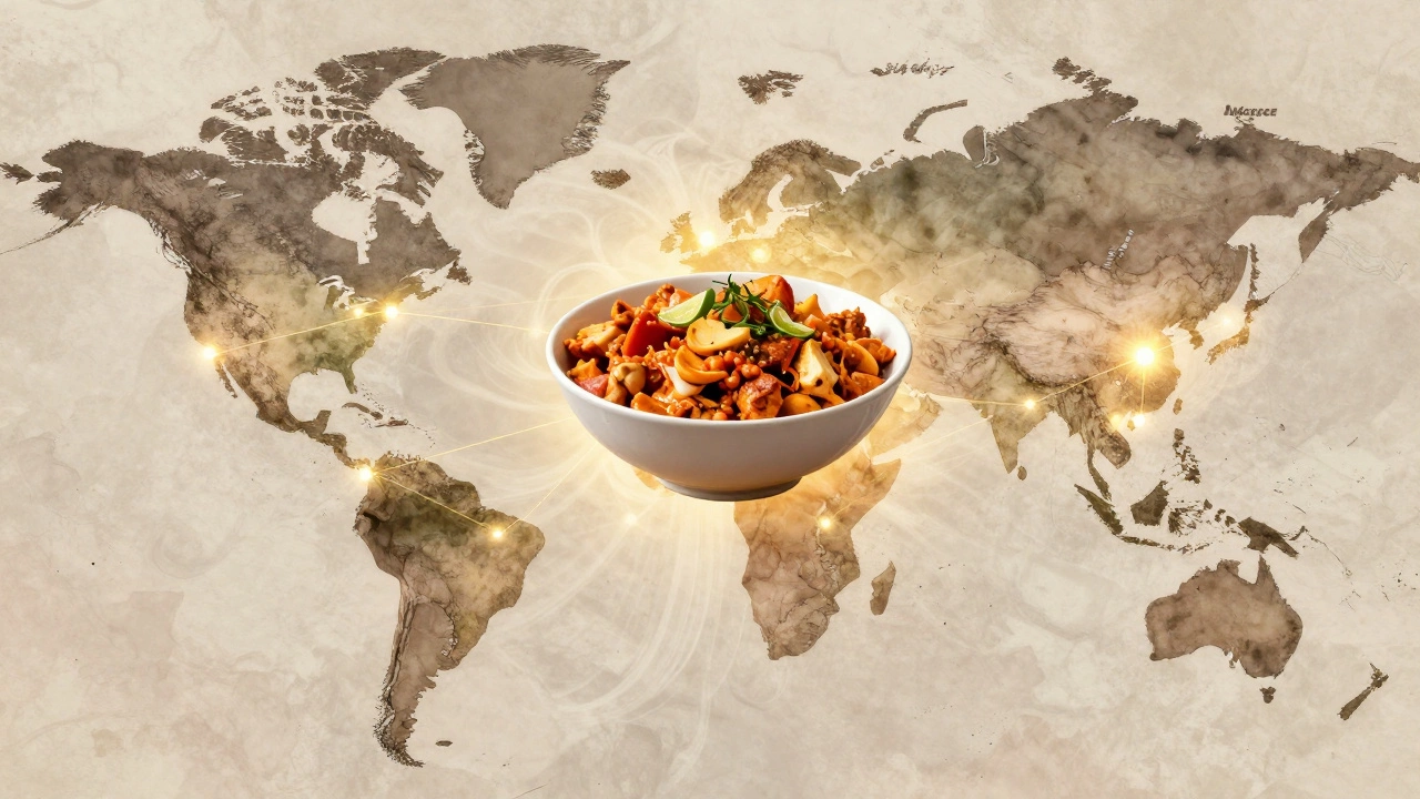 A global map with golden threads leading to a bowl of chicken tikka masala.