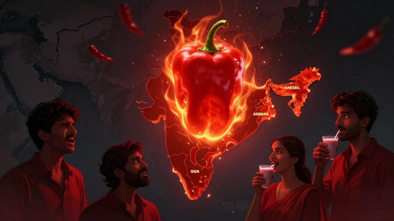 A glowing ghost pepper hovers over India, its heat radiating to regions known for fiery curries.