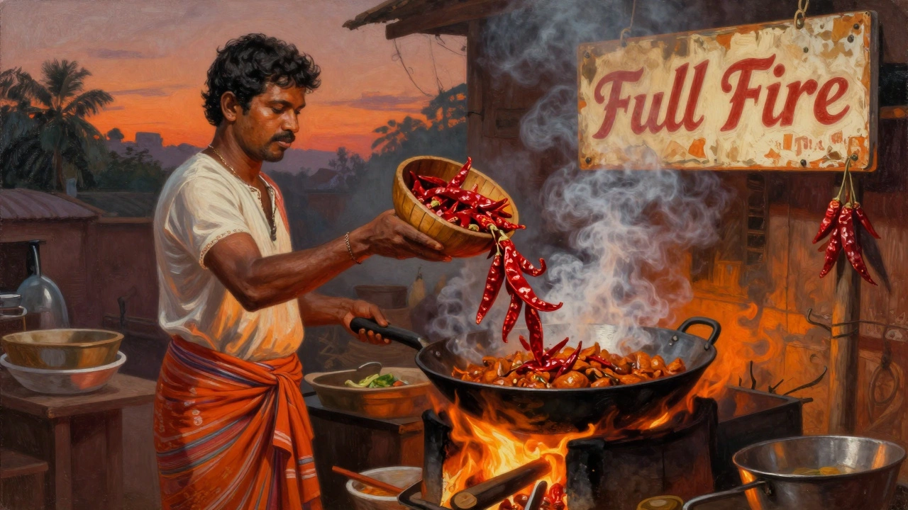 A Goan vendor cooks vindaloo with dried red chilies over an open flame at a street stall at dusk.
