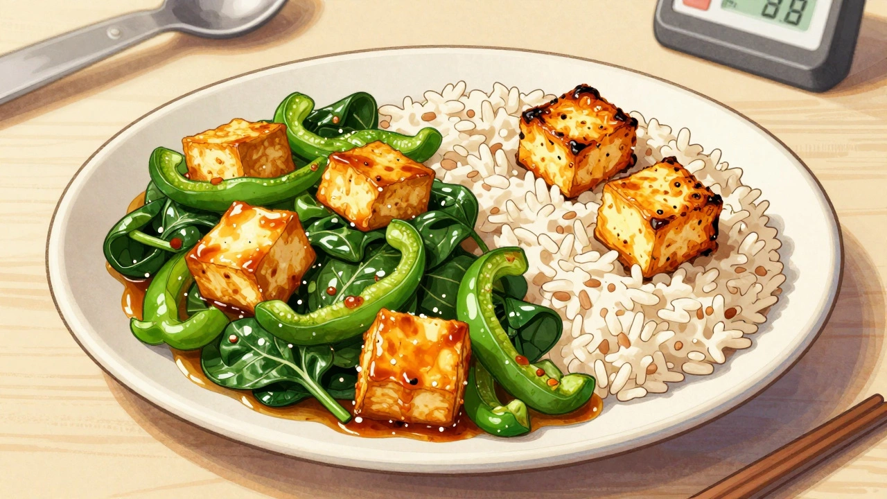 A healthy Indian plate with tofu stir-fry and vegetables beside small grilled paneer cubes.