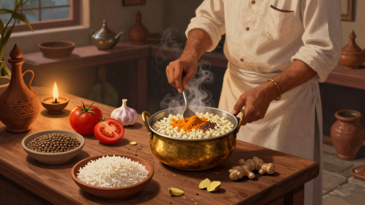 A Jain kitchen preparing khichdi with lentils, tomatoes, and spices—no onions or garlic.