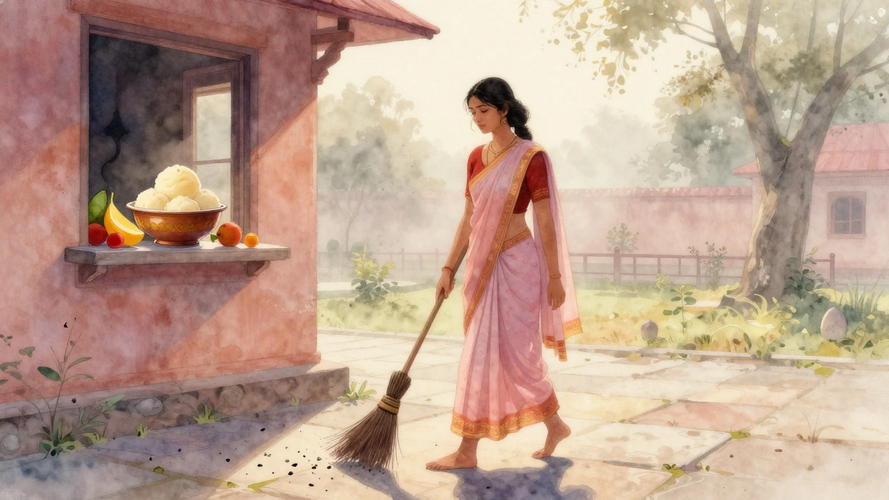A Jain woman sweeping the ground at sunrise to avoid harming insects.
