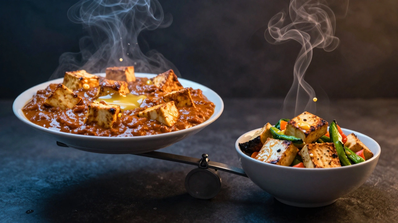 A scale balancing rich paneer curry against simple roasted tofu and vegetables.
