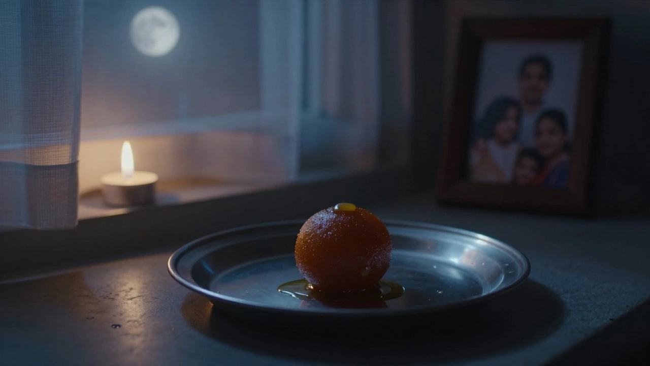 A single gulab jamun on a plate beside an empty dinner plate in soft moonlight.