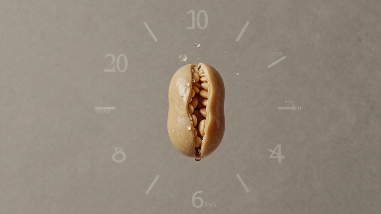 A split lentil bursting open with water droplets and clock overlays representing soaking times.
