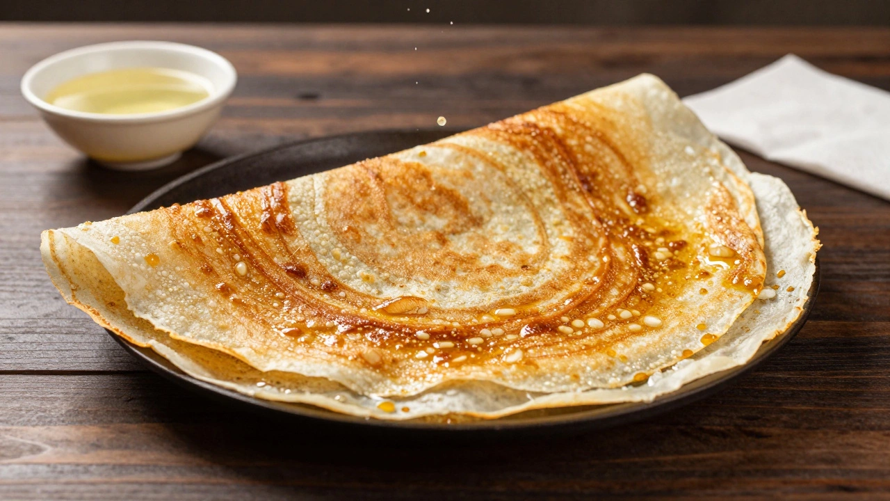 Crispy golden dosa lifting from a griddle with oil glistening on its edges.