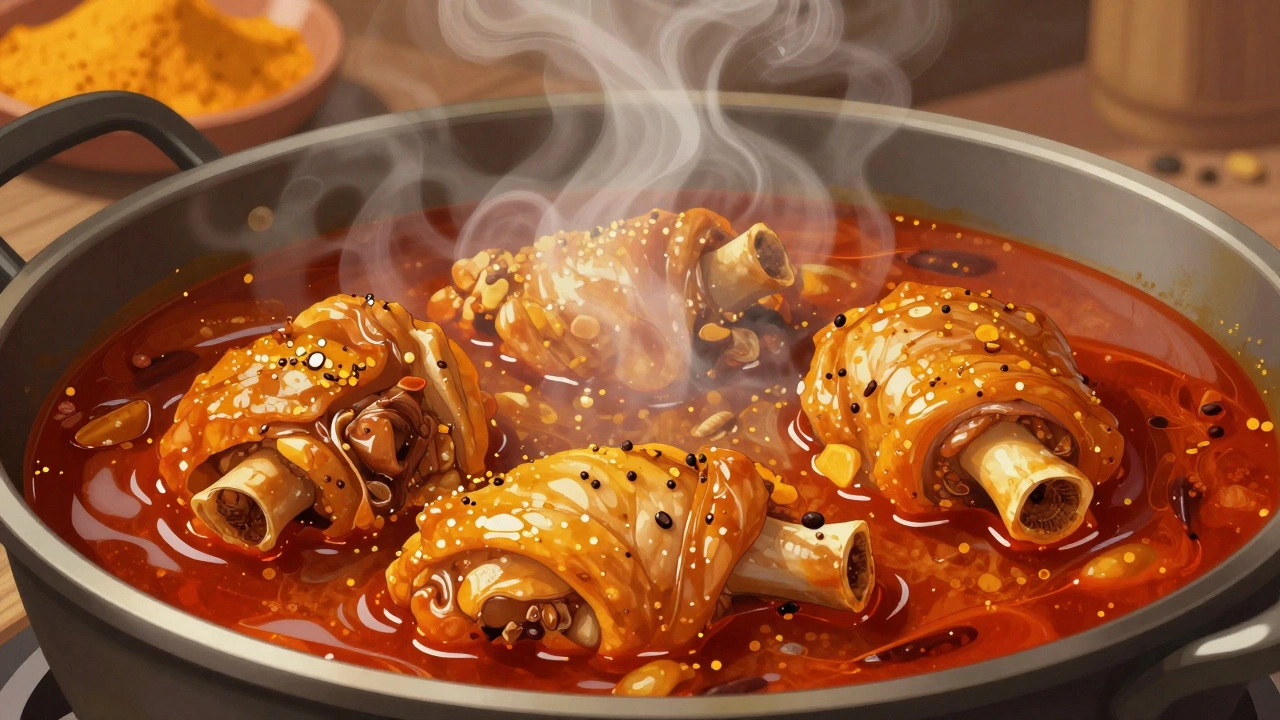 Cross-section of simmering curry with tender chicken absorbing rich spices and aromatic sauce.