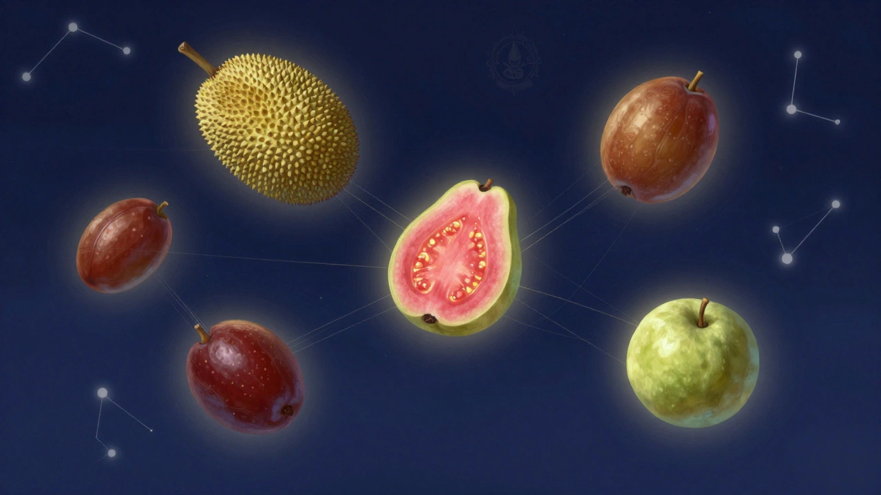 Five Indian fruits glowing with golden protein aura in night sky