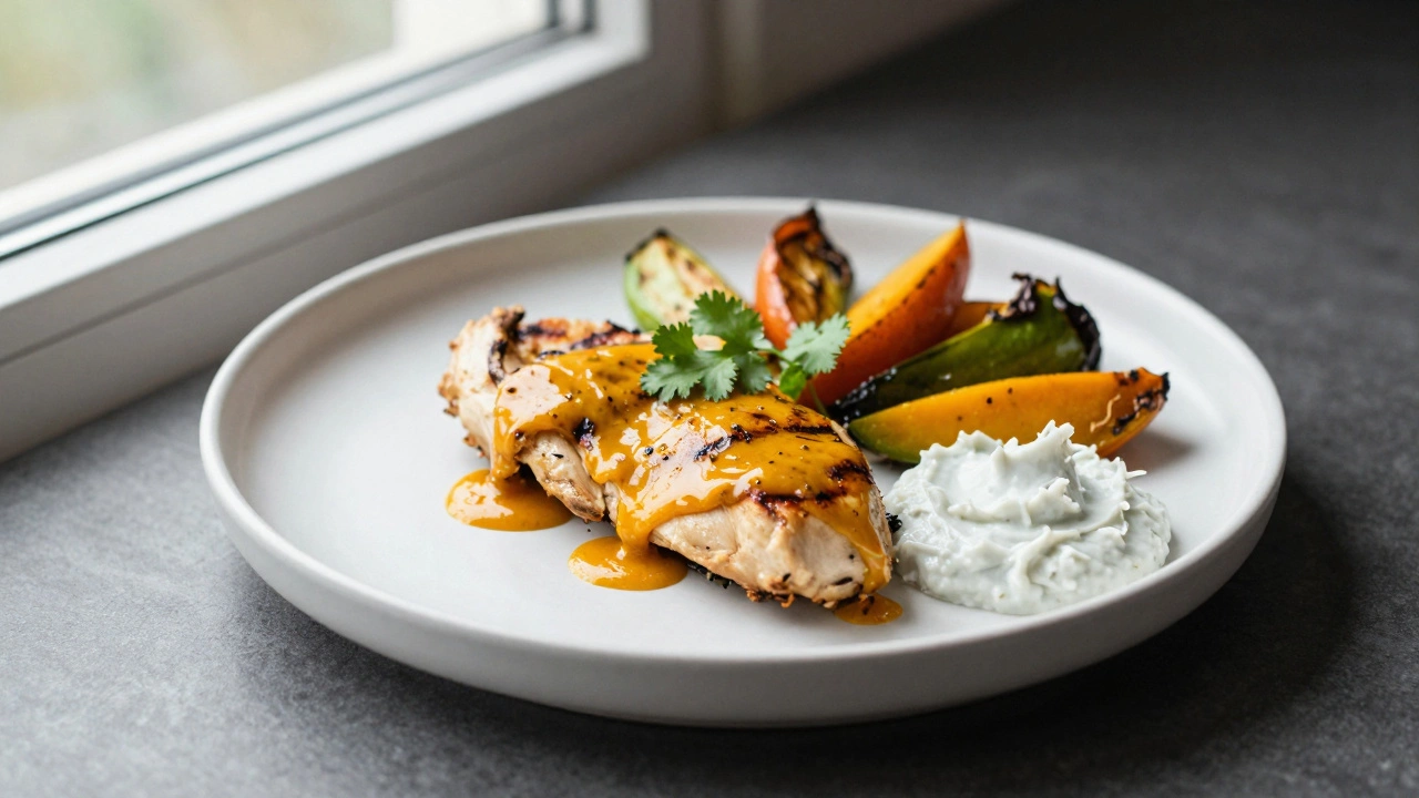 Grilled chicken glazed with mango chutney on a modern plate with roasted vegetables.