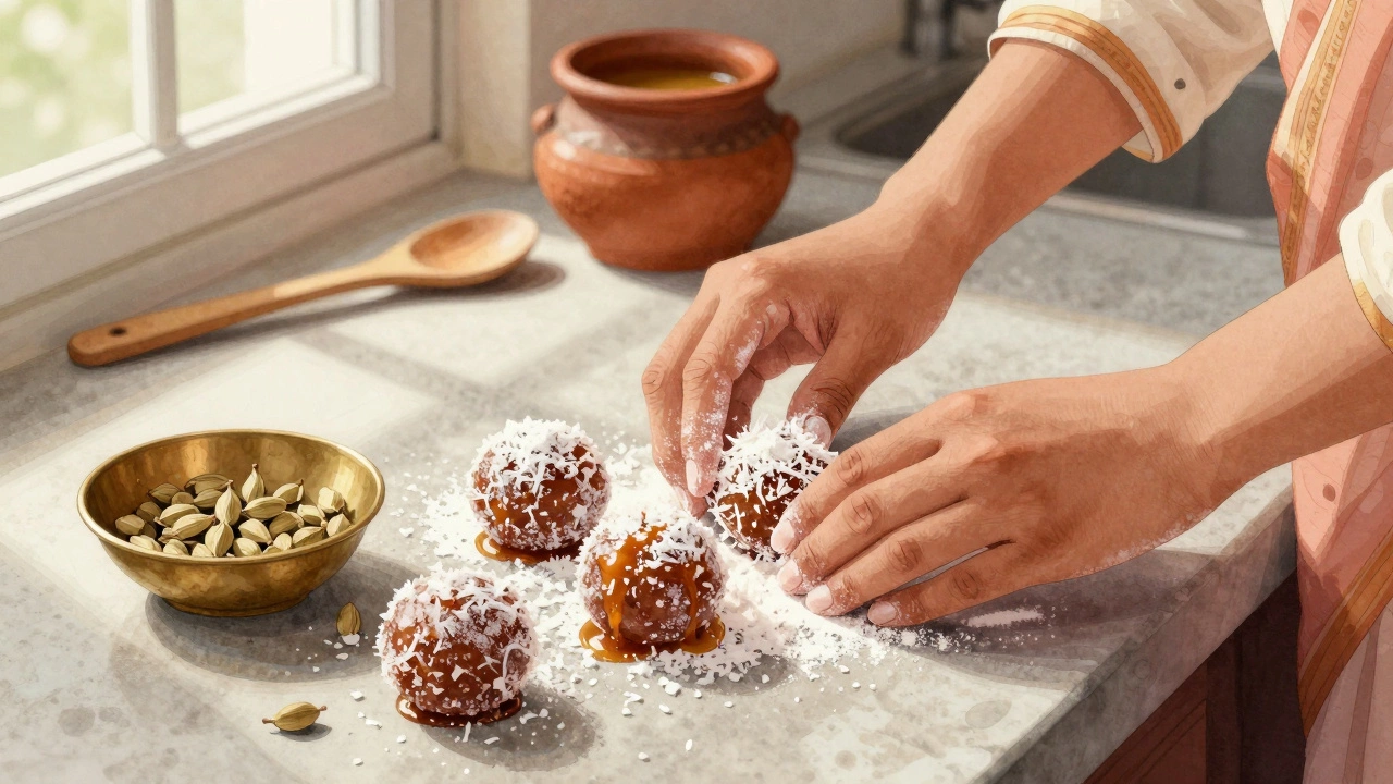 Hands rolling coconut ladoos on a stone counter with jaggery and cardamom nearby.