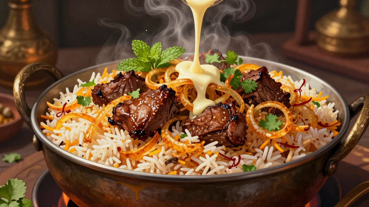 Layered biryani in a pot with rice, meat, fried onions, and herbs, steam rising gently.