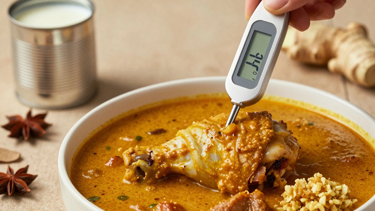 Meat thermometer showing 74°C in chicken curry, surrounded by spices and cooking ingredients.