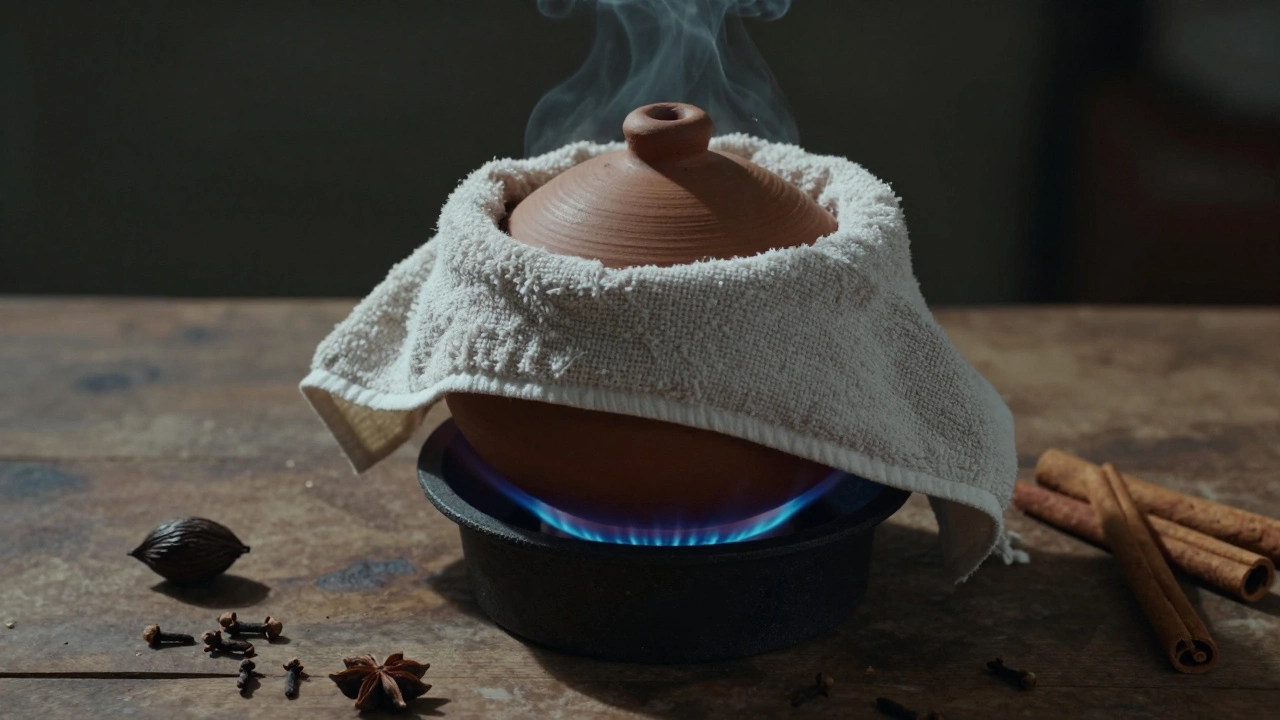 Sealed clay pot cooking slowly on a tawa with whole spices nearby on wood.
