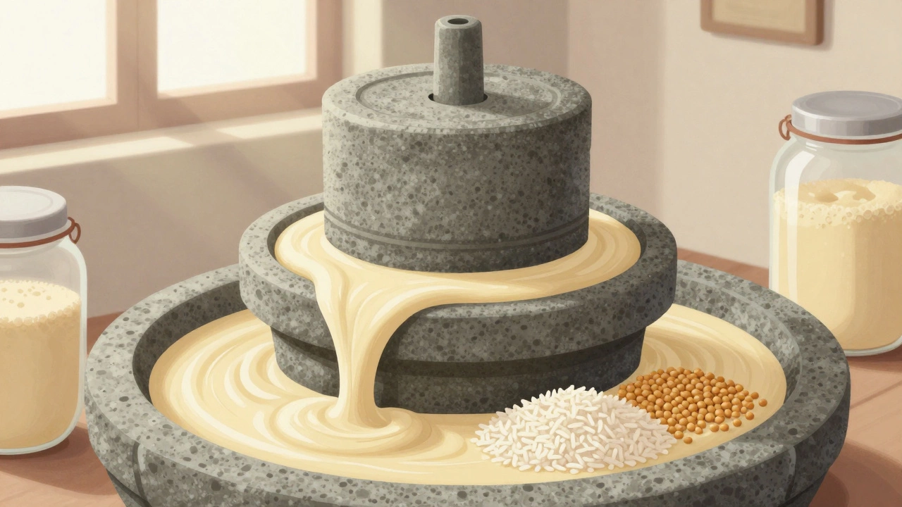 Stone grinder releasing smooth dosa batter beside soaked rice and urad dal.