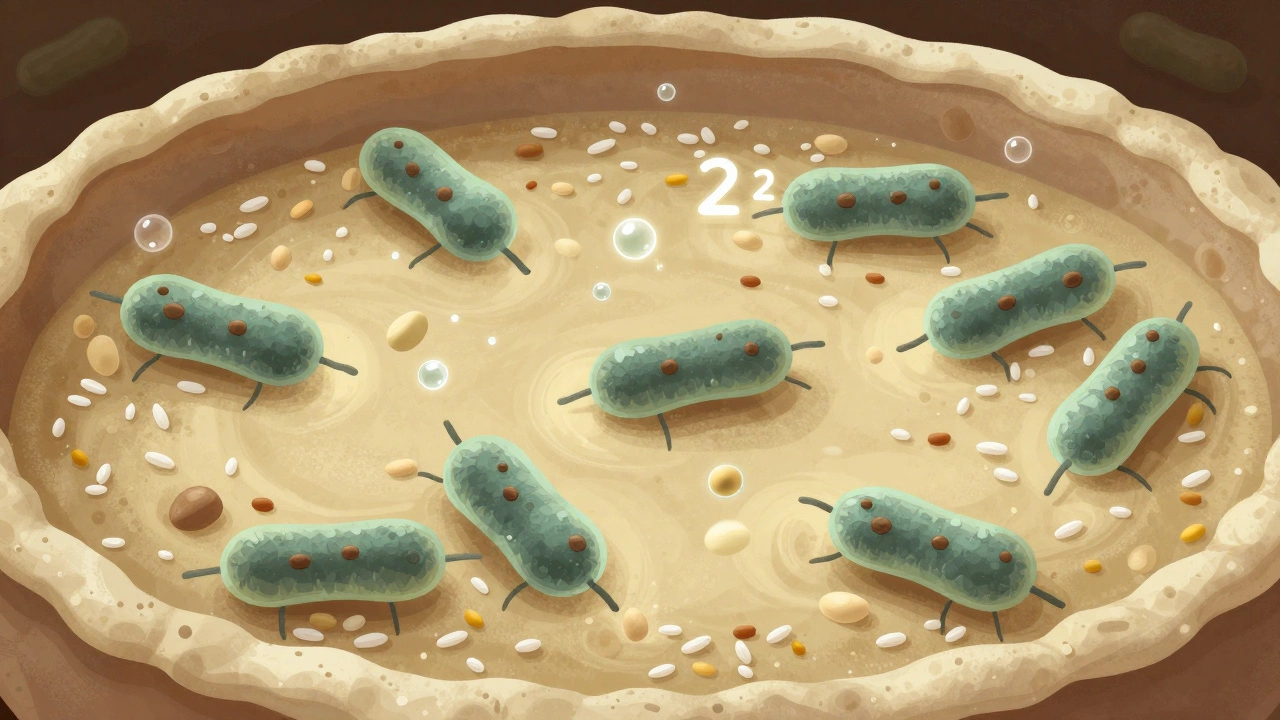 Stylized microbes producing bubbles and acid in fermented batter, scientific art style.