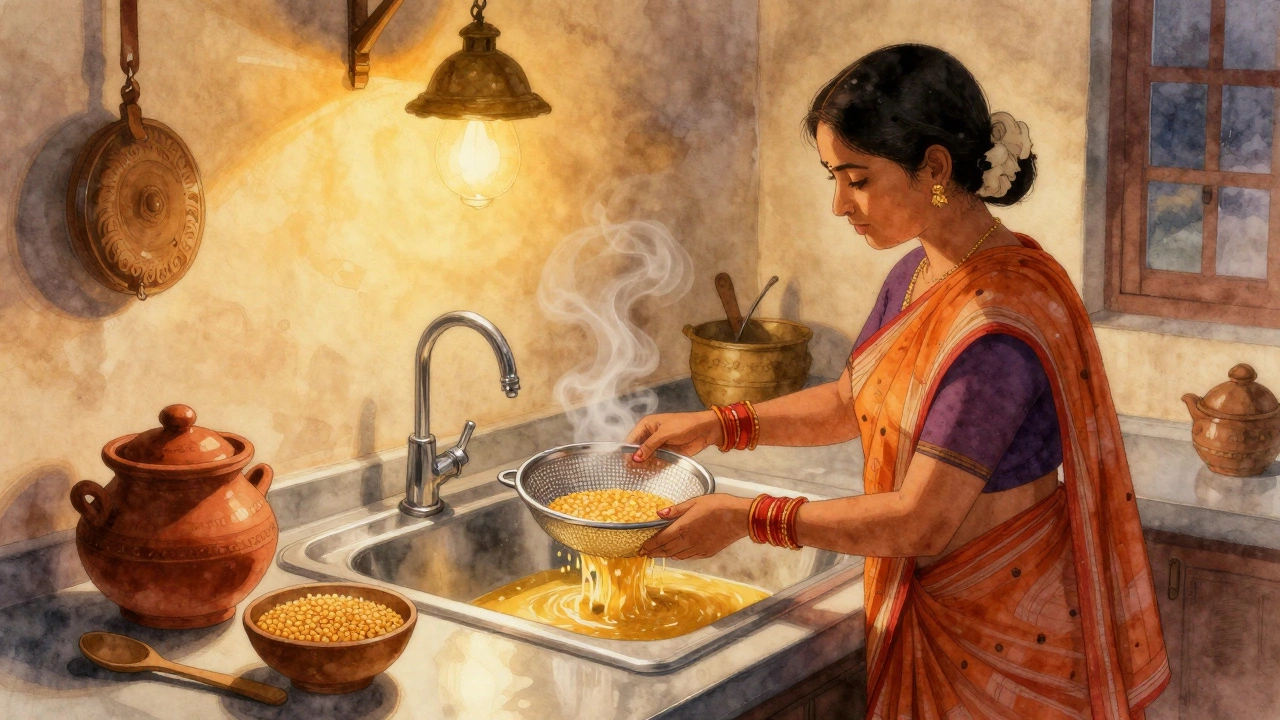 Woman draining soaked urad dal in a traditional Indian kitchen with warm lighting and spice jars.