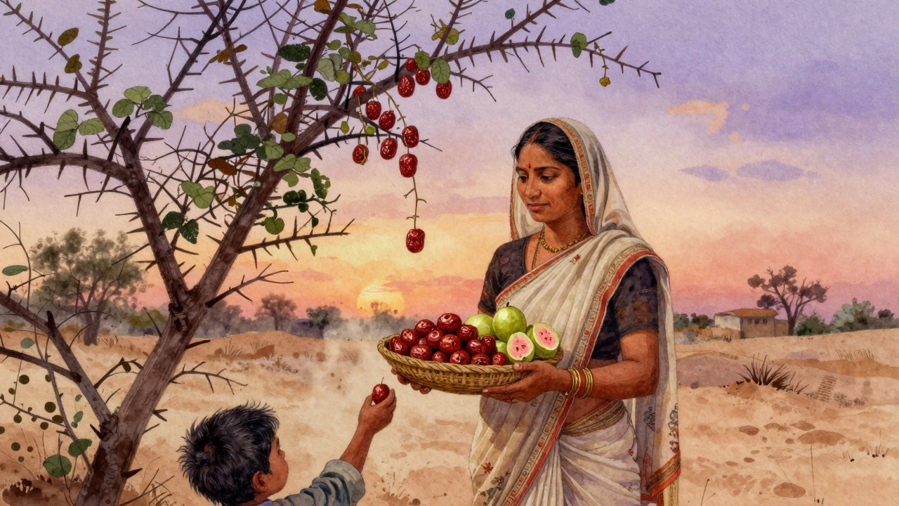 Woman in Rajasthan holding dried ber and guava at sunset