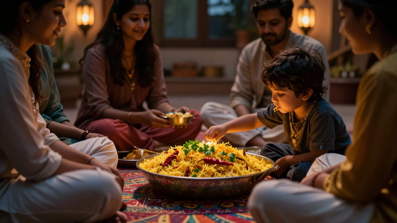 A family sharing biryani on a floor mat at dusk, bathed in warm lantern light.