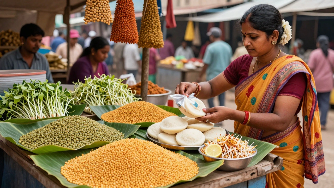 A market stall showing raw, sprouted, and cooked moong dal in traditional Indian packaging and dishes.