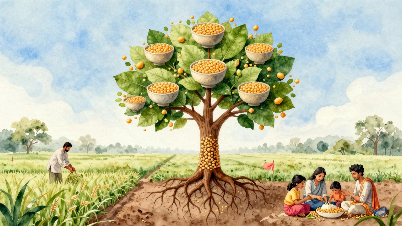 A symbolic watercolor of a moong dal seed growing into a nourishing tree representing Indian food sustainability.