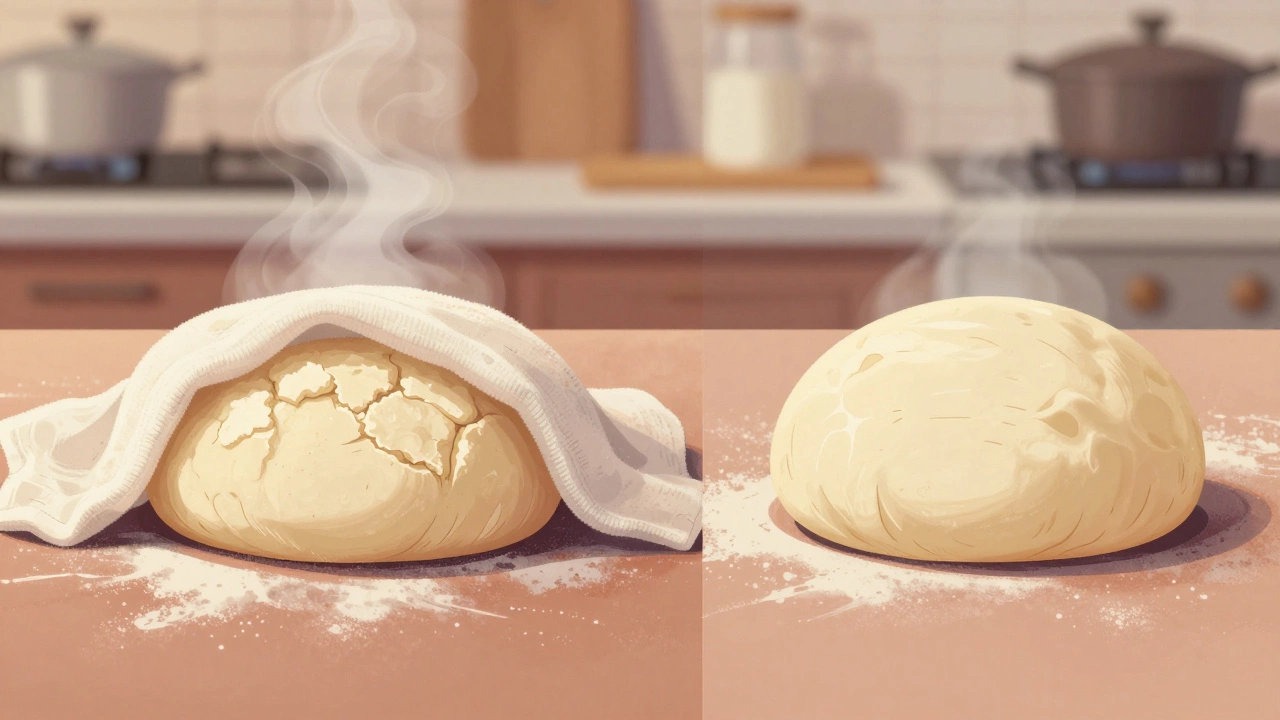 Dough resting under a damp cloth, transforming from rough to smooth.