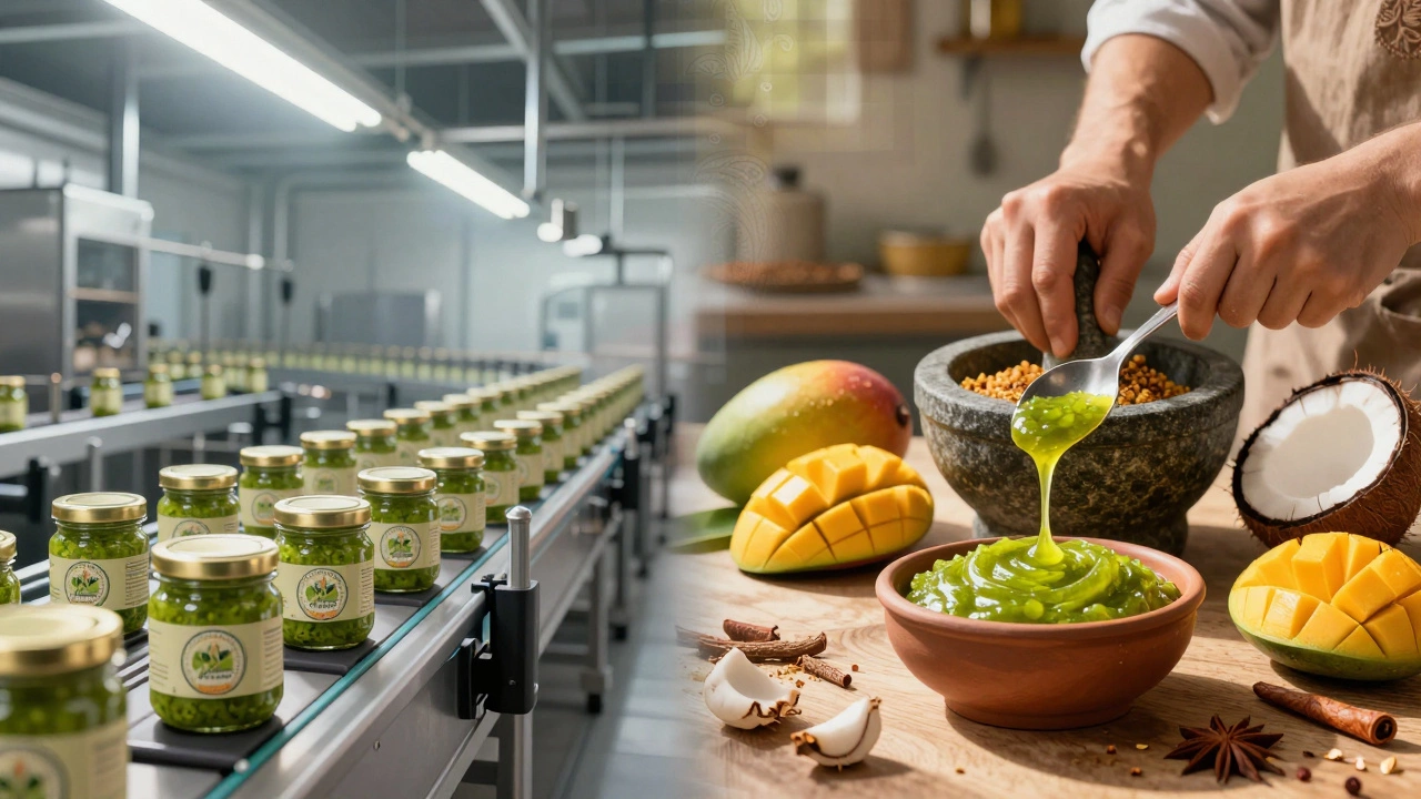 Factory-made relish on a conveyor belt versus hand-made chutney being ground in a stone mortar with sunlight.