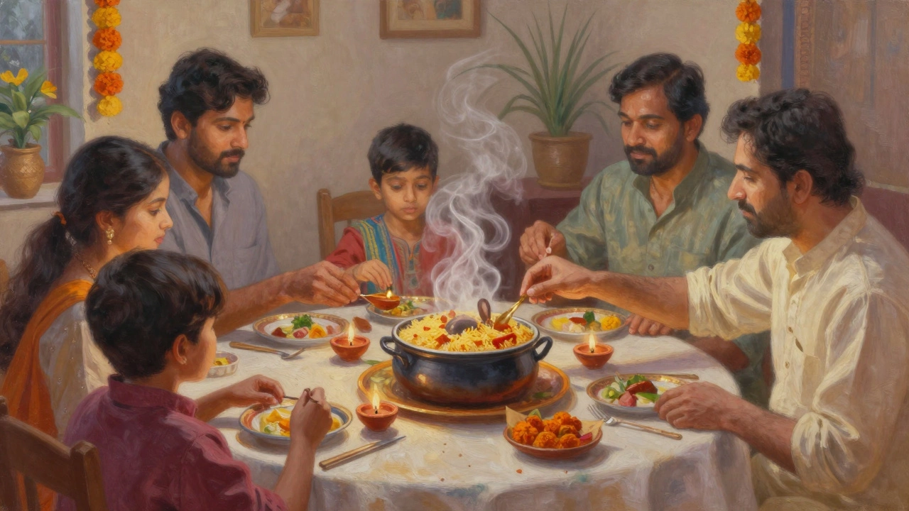Family sharing biryani at a Diwali dinner with warm candlelight.