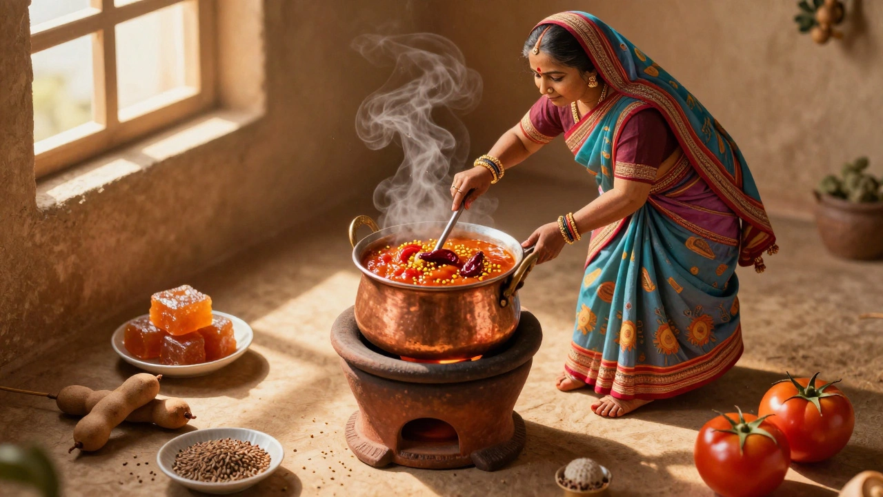 Grandmother stirring tomato chutney in a copper pot with spices and steam rising in a traditional Indian kitchen.