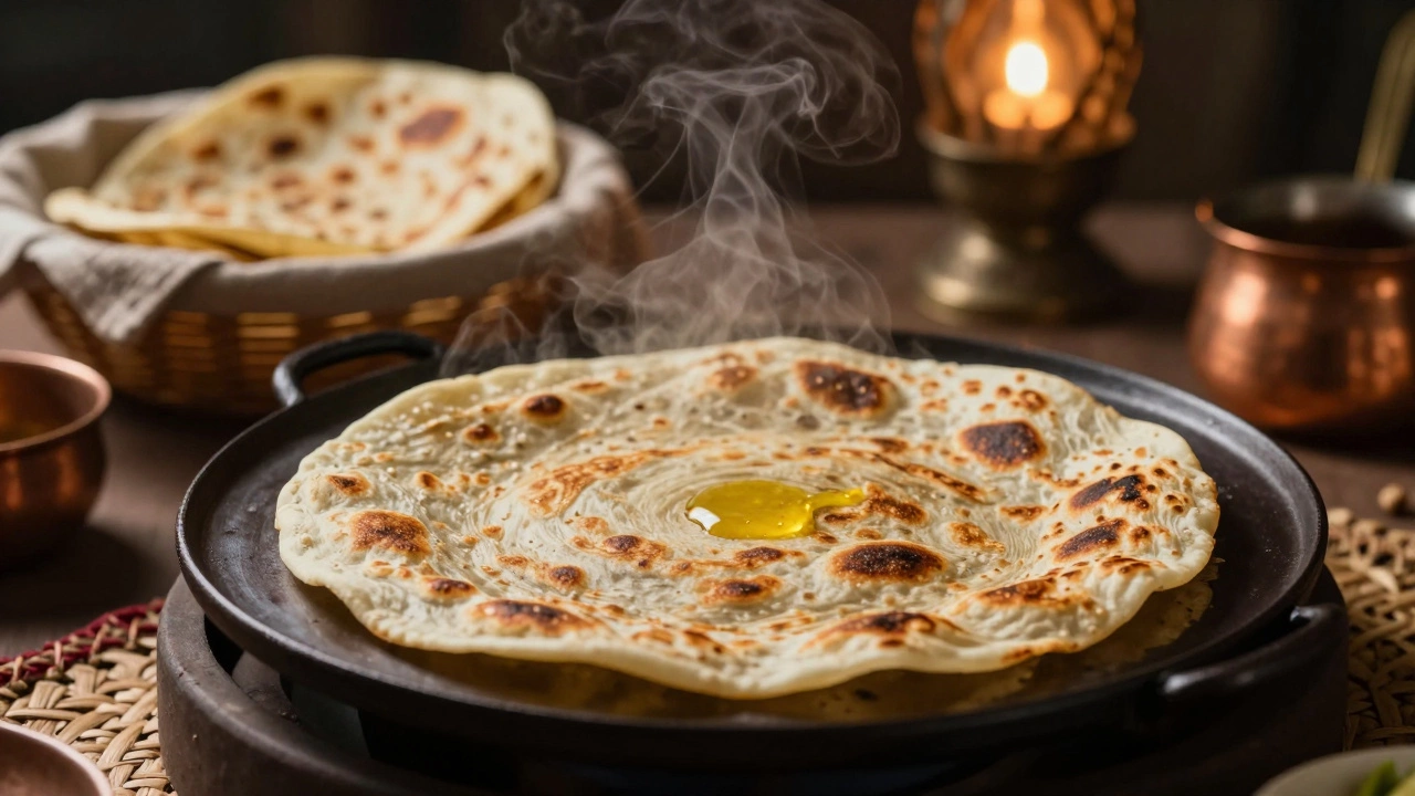 Roti puffing on a hot tawa with golden spots and ghee glaze.