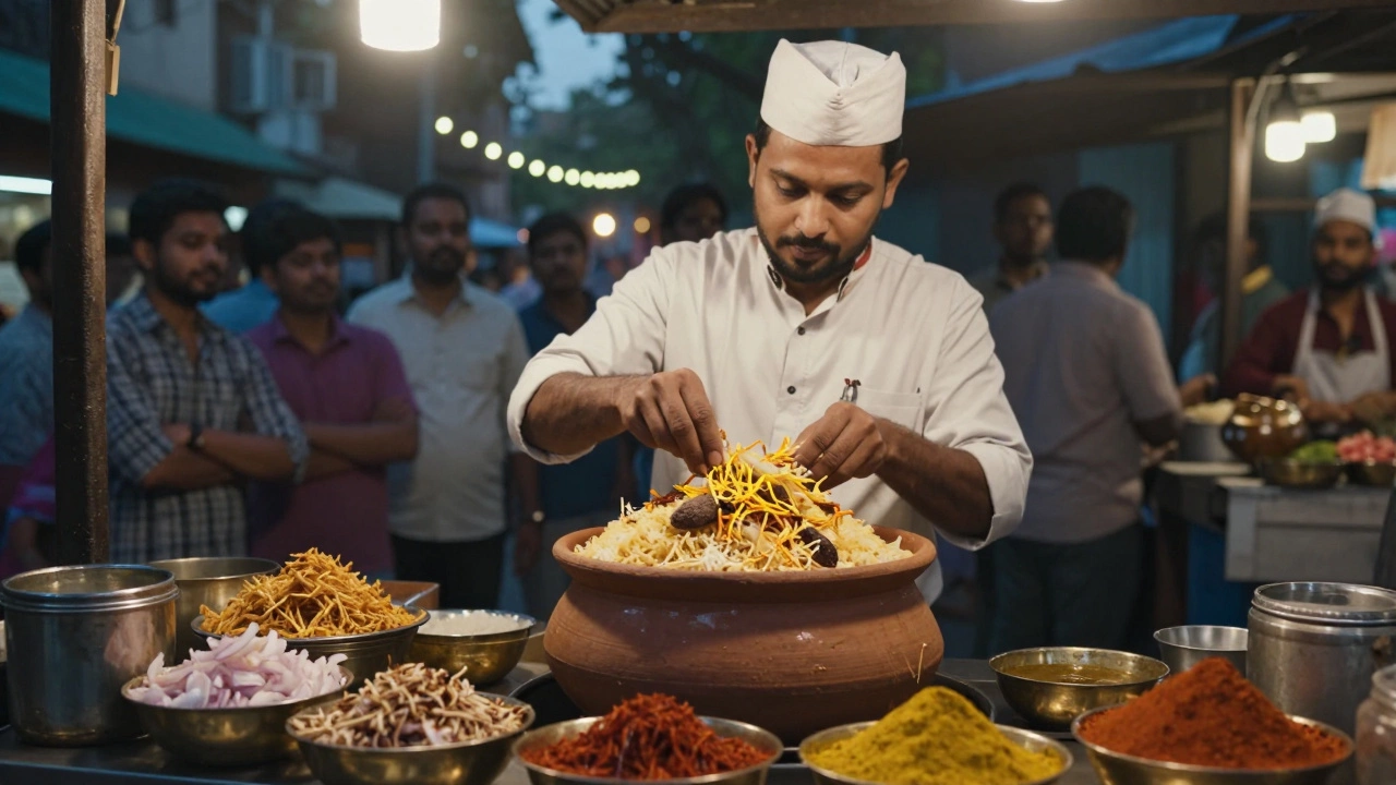 Street vendor layering biryani in a clay pot at a Mumbai night stall.