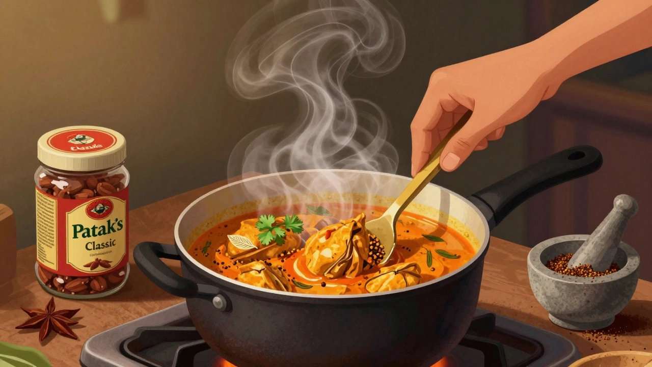 A hand stirs a simmering chicken curry as steam rises into the shapes of coriander, cumin, and turmeric leaves.
