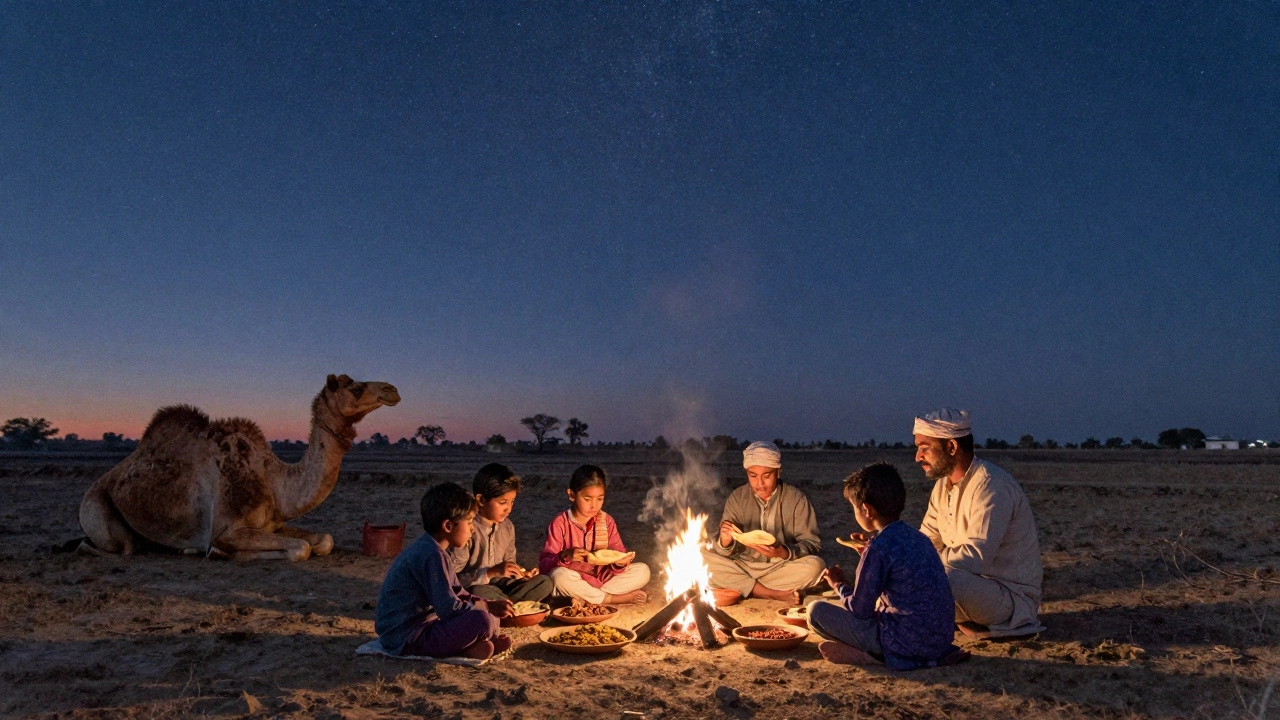 A rural Rajasthani family eats dinner under the stars beside a small fire at sunset.