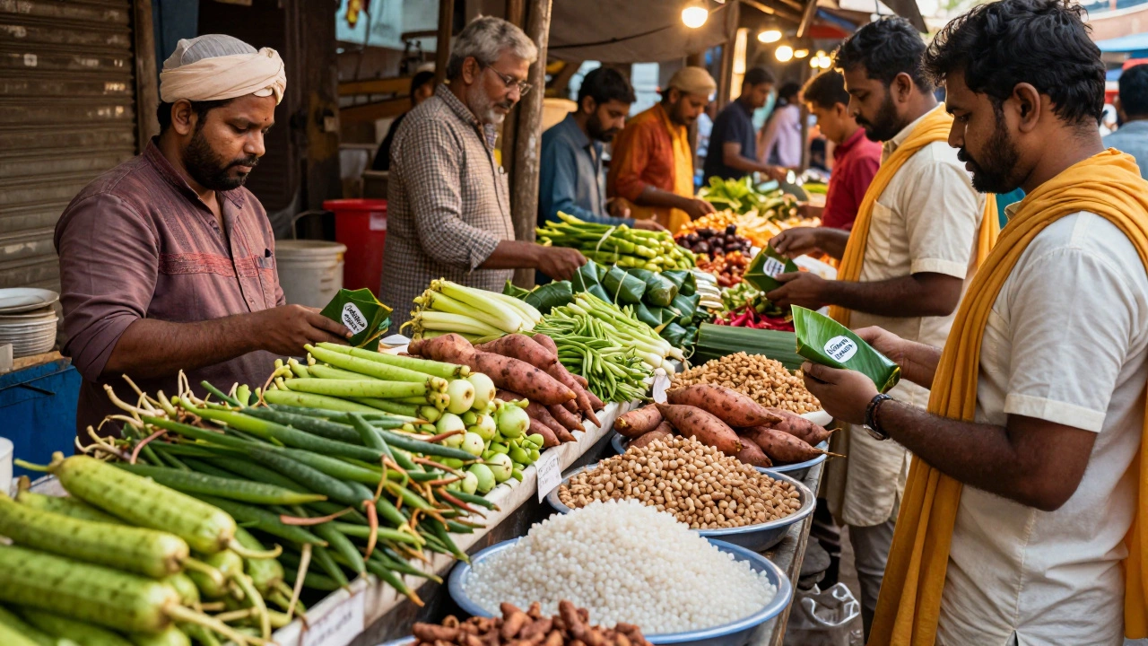 A vibrant Jain food market in Mumbai with stalls selling non-root vegetables and labeled Jain-friendly meals