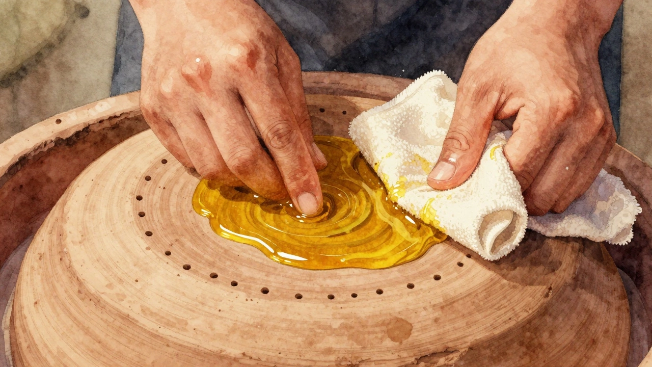 Applying mustard oil to tandoor oven interior with cotton cloth.