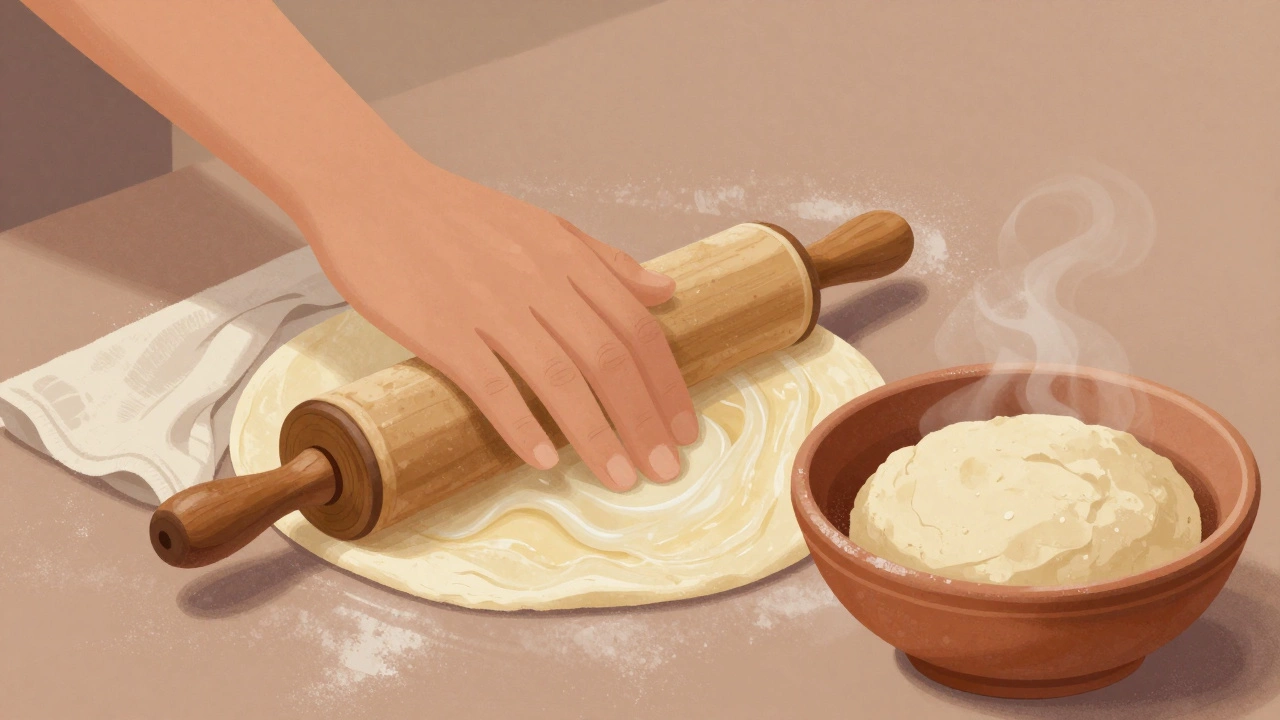 Hand rolling roti dough on a floured surface with a damp cloth covering rested dough