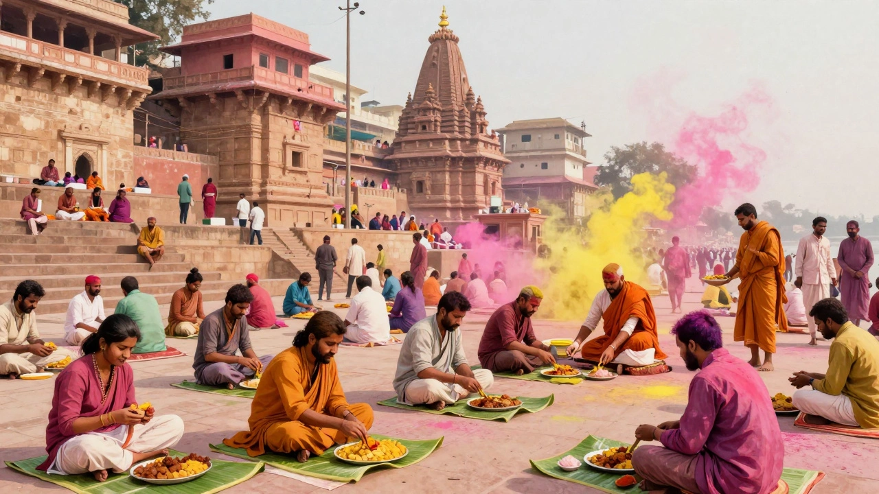 Pilgrims eating communal vegetarian meals at a temple during a vibrant Indian festival.