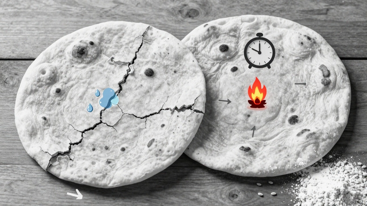 Side-by-side comparison of hard and soft roti with visual indicators of key fixes